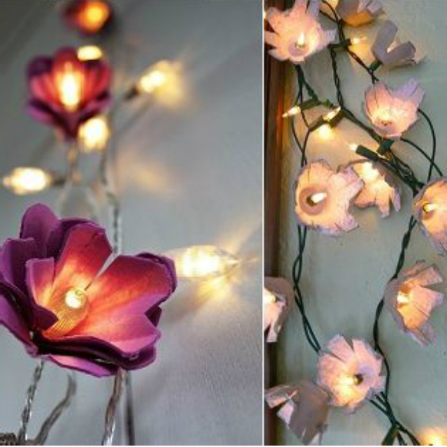 Flores de caixa de ovo com luzinhas