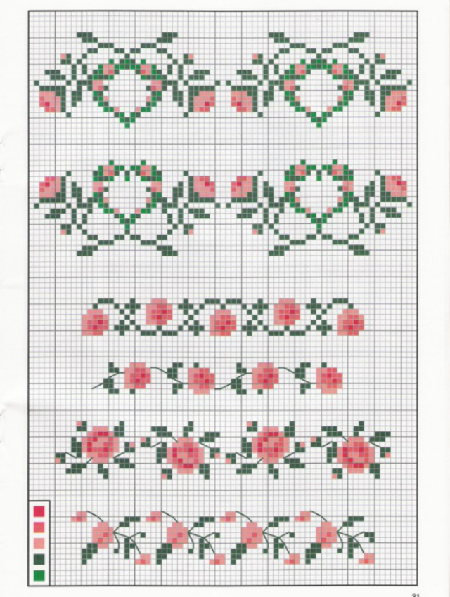 Gráfico de rosas em ponto cruz com galhos