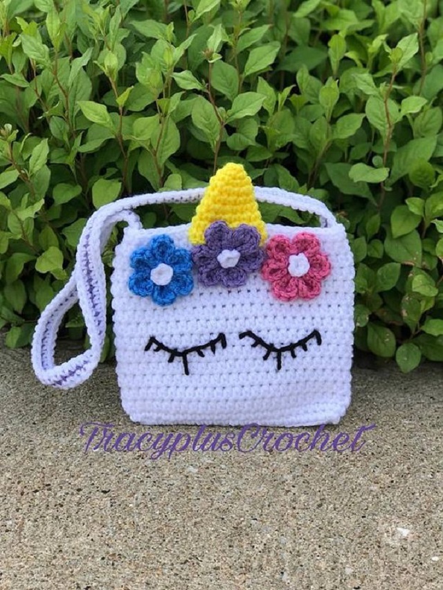 Bolsa de crochê infantil de unicórnio