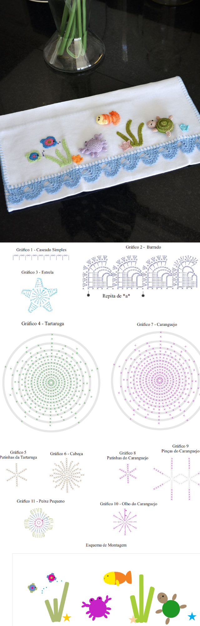 Gráfico de bico de crochê em pano de prato