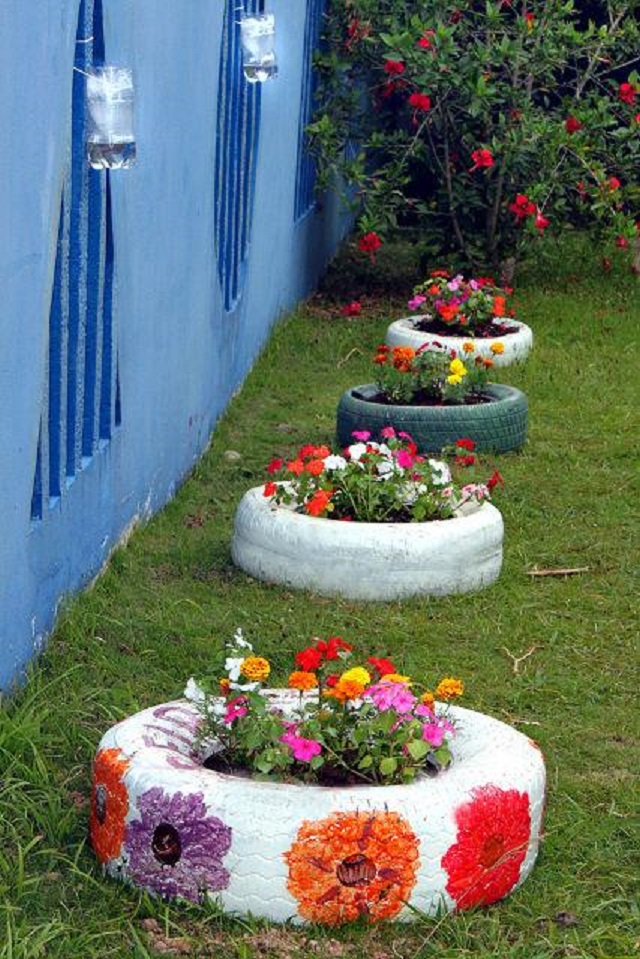 Decoração de jardim com pneus