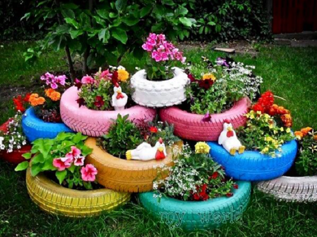 Decoração de jardim com pneus