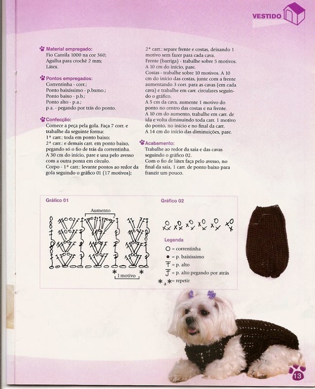 Gráfico vestido para cachorro de crochê