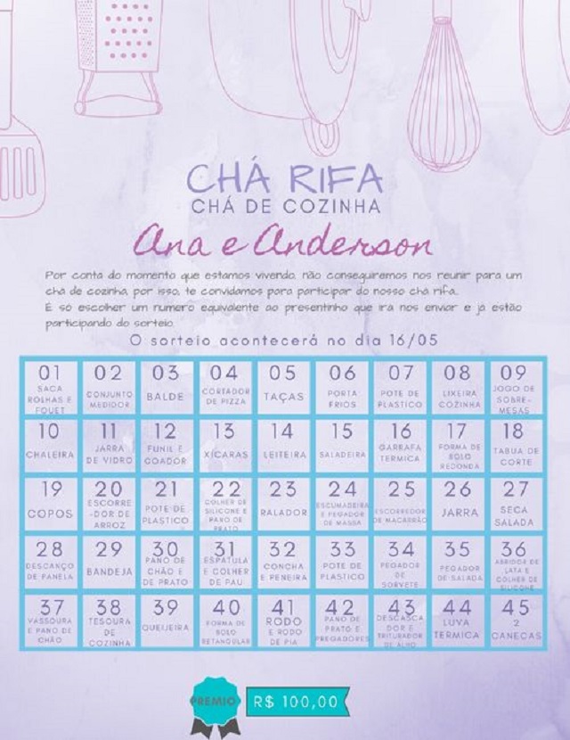 cartela cha rifa de cozinha